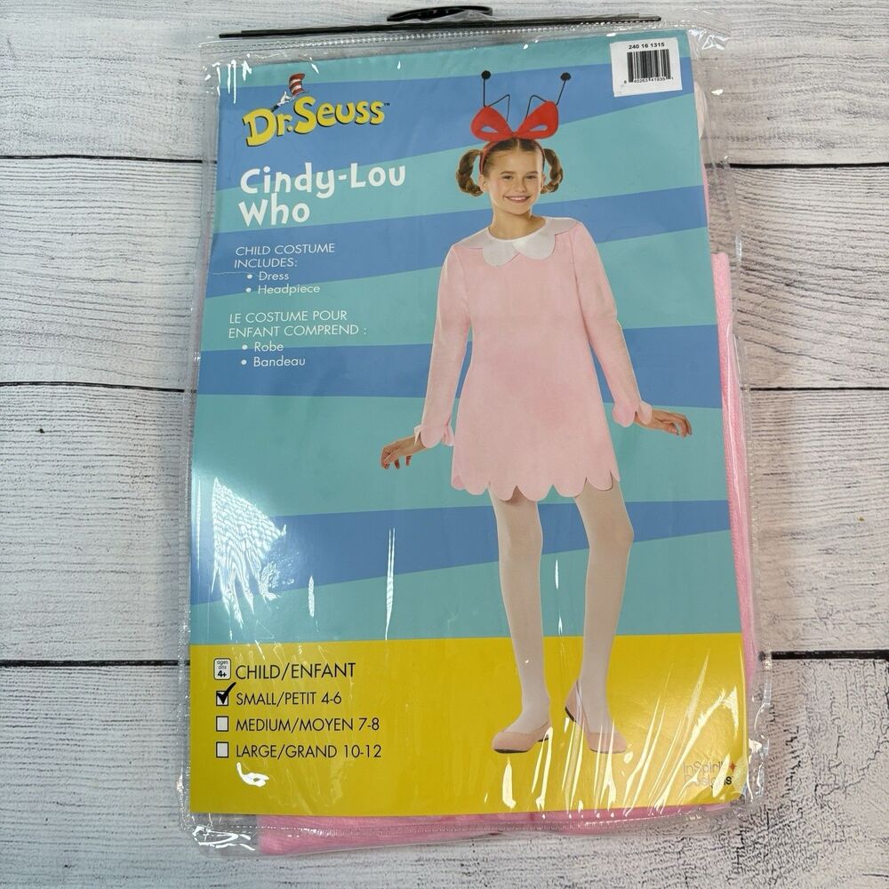Cindy Lou Who Childs Costume Sz 4-6 S Dress Headpiece Dr Seuss Cosplay NEW